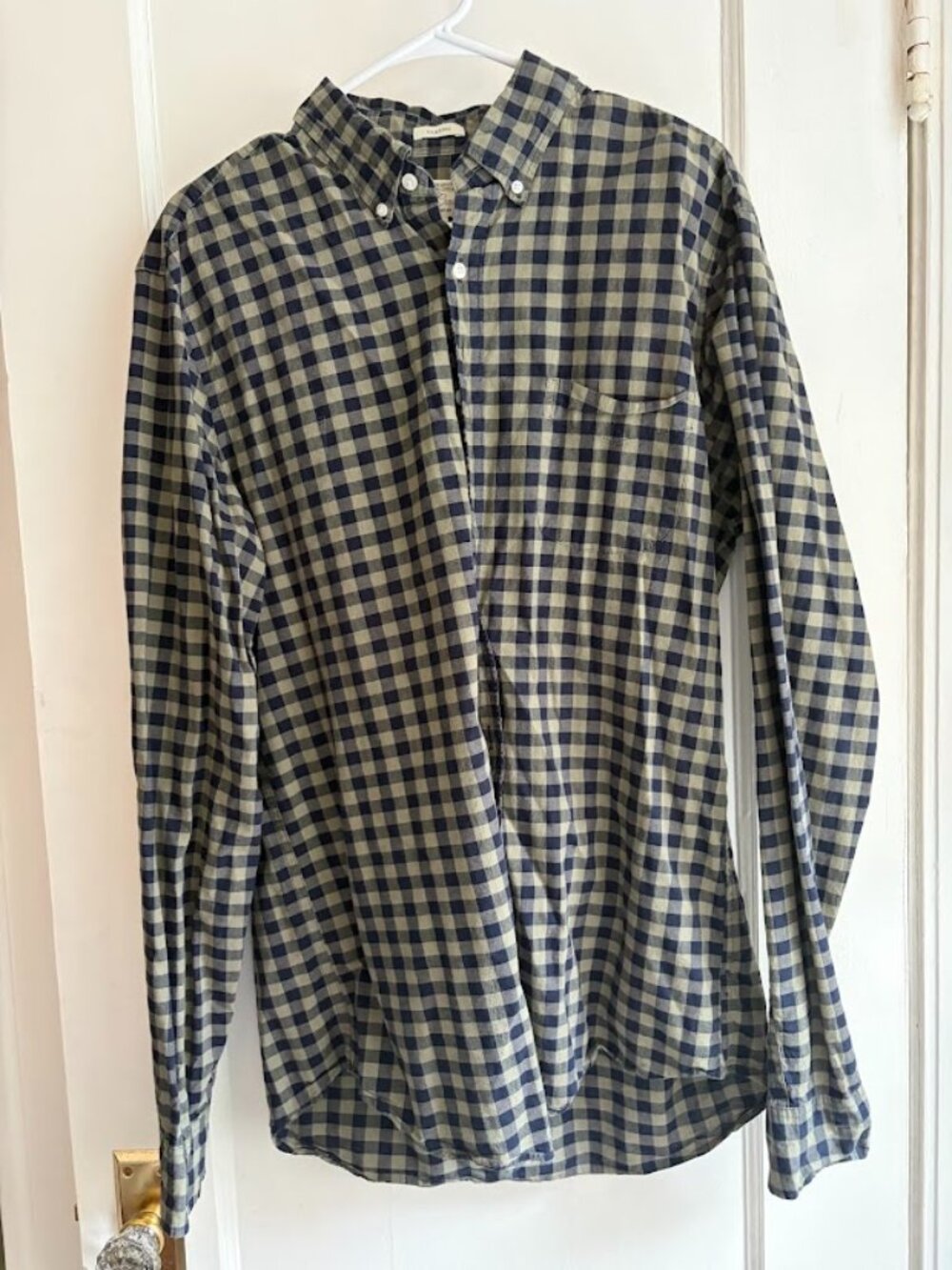 J CREW Men Large Tall Green Gingham Secret Wash Organic Cotton Stretch Shirt